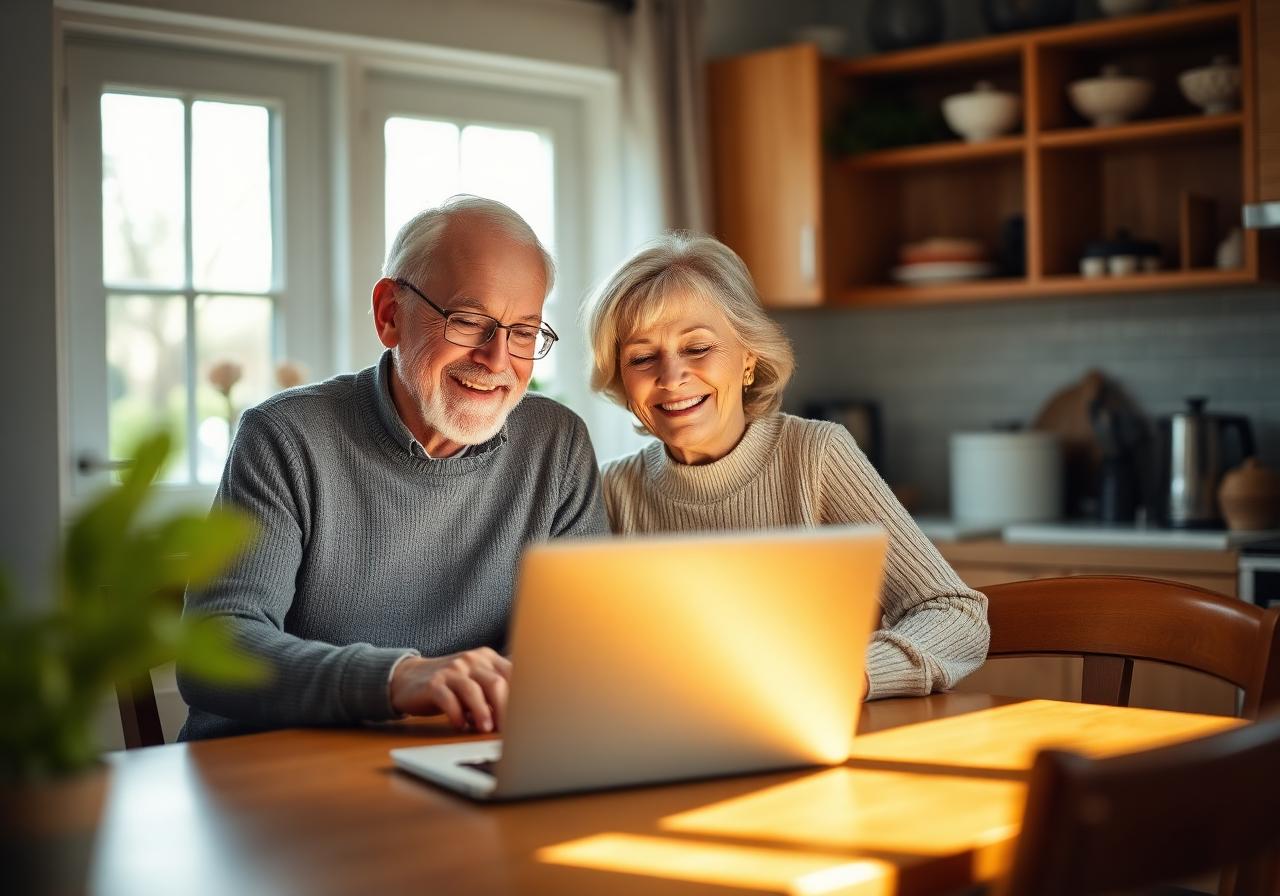A couple relaxing together while using their laptop at home